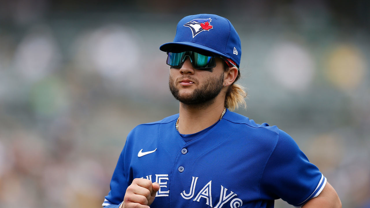 OAKLAND, CALIFORNIA - JULY 06: Bo Bichette #11 of the Toronto Blue Jays looks on during the game against the Oakland Athletics at RingCentral Coliseum on July 06, 2022 in Oakland, California.