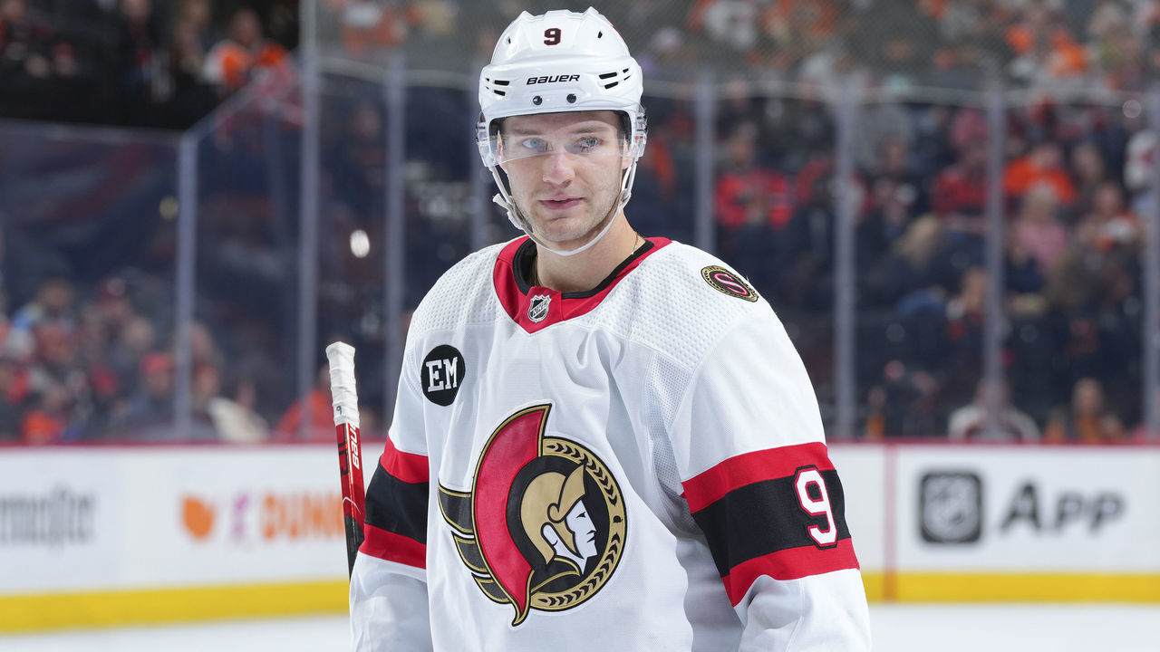 PHILADELPHIA, PA - APRIL 29: Josh Norris #9 of the Ottawa Senators looks on against the Philadelphia Flyers at the Wells Fargo Center on April 29, 2022 in Philadelphia, Pennsylvania.