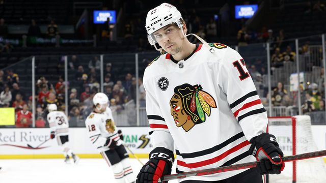 BOSTON, MA - MARCH 10: Chicago Blackhawks center Dylan Strome (17) in warm up before a game between the Boston Bruins and the Chicago Blackhawks on March 10, 2022, at TD Garden in Boston, Massachusetts.