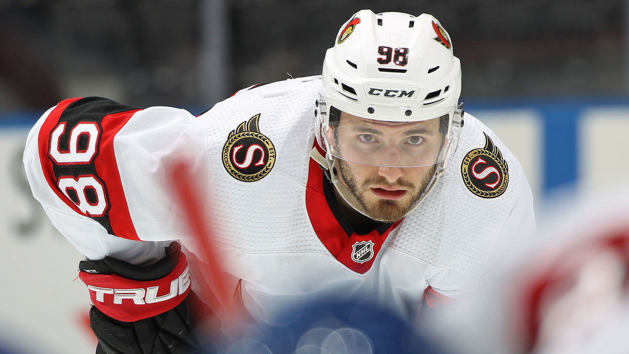 TORONTO, ON - JANUARY 1: Victor Mete #98 of the Ottawa Senators waits for a faceoff against the Toronto Maple Leafs during an NHL game at Scotiabank Arena on January 1, 2022 in Toronto, Ontario, Canada. The Maple Leafs defeated the Senators 6-0.