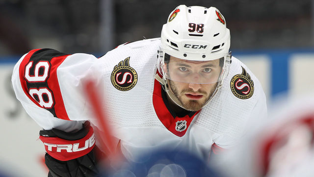 TORONTO, ON - JANUARY 1: Victor Mete #98 of the Ottawa Senators waits for a faceoff against the Toronto Maple Leafs during an NHL game at Scotiabank Arena on January 1, 2022 in Toronto, Ontario, Canada. The Maple Leafs defeated the Senators 6-0.