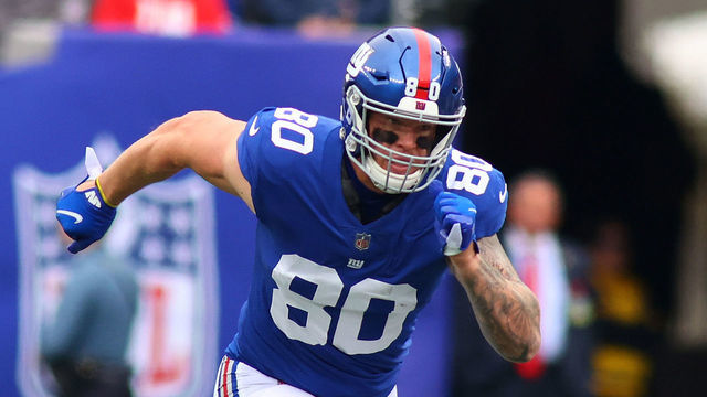EAST RUTHERFORD, NEW JERSEY - OCTOBER 24: (NEW YORK DAILIES OUT) Kyle Rudolph #80 of the New York Giants in action against the Carolina Panthers at MetLife Stadium on October 24, 2021 in East Rutherford, New Jersey. New York Giants defeated the Carolina Panthers 25-3.