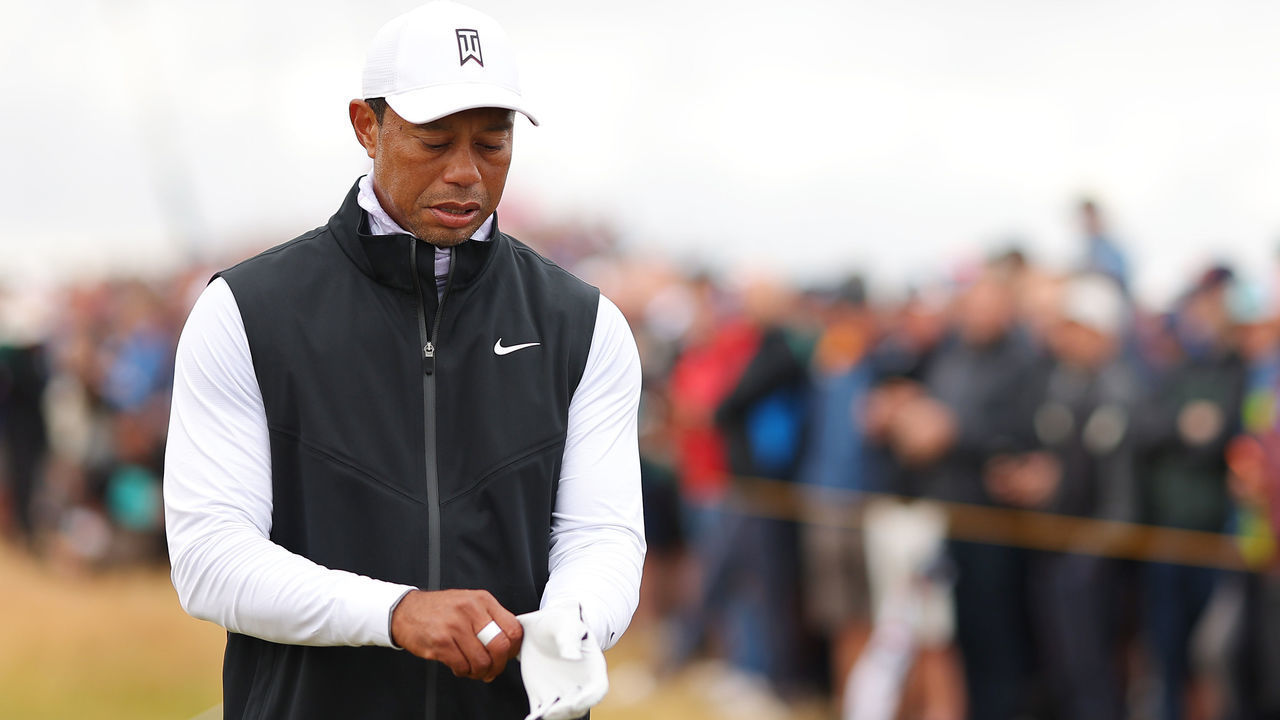 ST ANDREWS, SCOTLAND - JULY 15: Tiger Woods of the United States looks on during Day Two of The 150th Open at St Andrews Old Course on July 15, 2022 in St Andrews, Scotland.