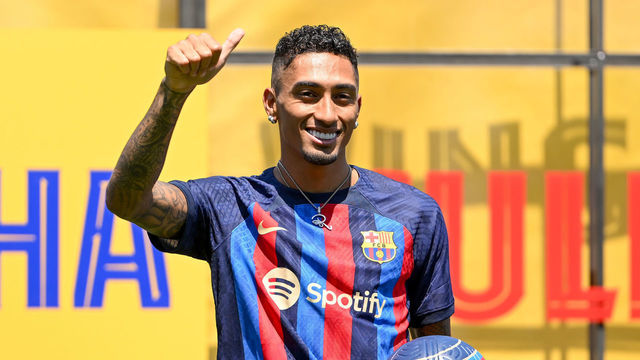SANT JOAN DESPI, SPAIN - JULY 15: Raphael Dias Belloli 'Raphinha' poses for the media as he is presented as a FC Barcelona player at Ciutat Esportiva Joan Gamper on July 15, 2022 in Sant Joan Despi, Spain.