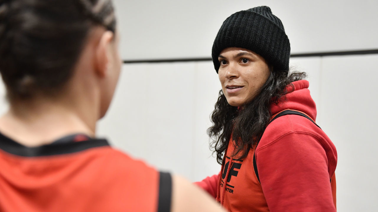 LAS VEGAS, NEVADA - FEBRUARY 17: Amanda Nunes gives instructions backstage during the filming of The Ultimate Fighter at UFC APEX on February 17, 2022 in Las Vegas, Nevada.