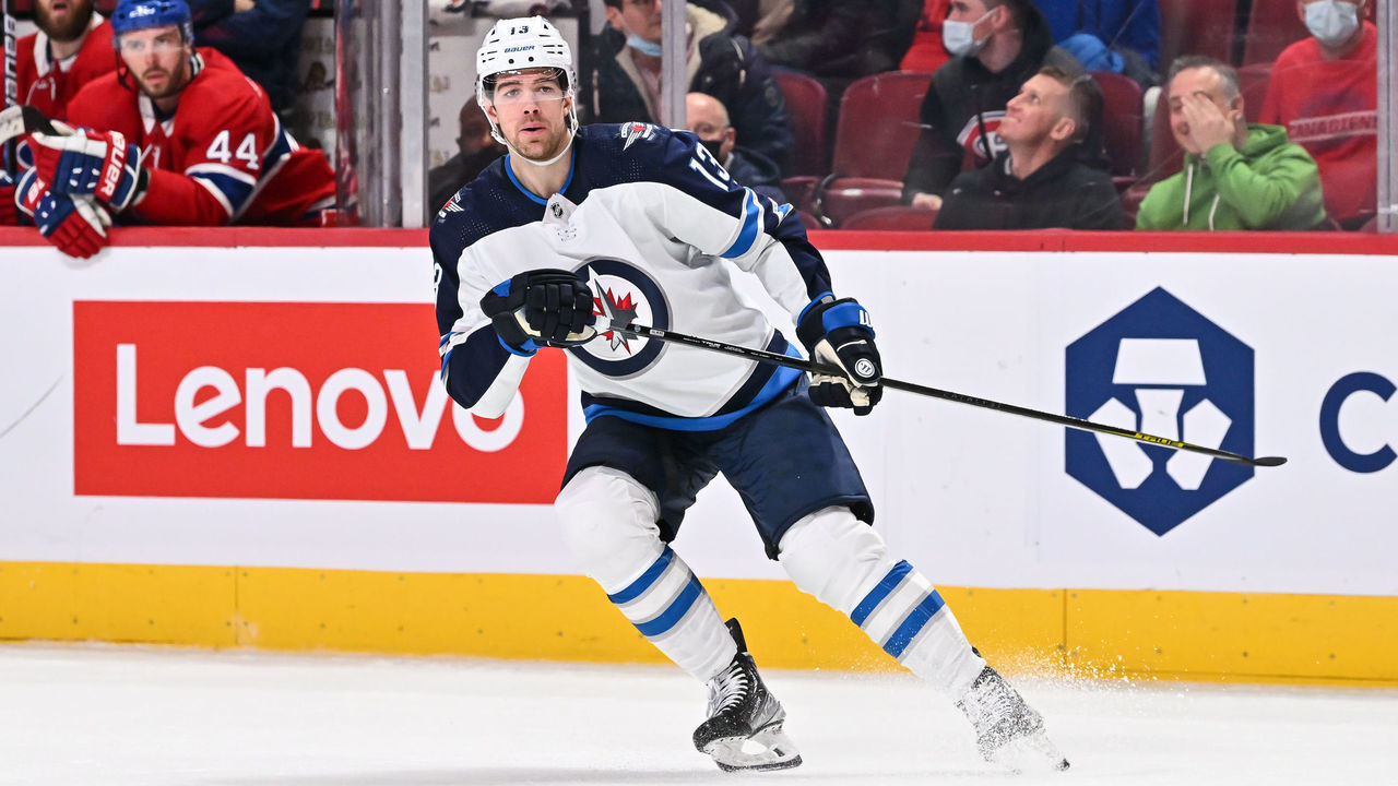 MONTREAL, QC - APRIL 11: Zach Sanford #13 of the Winnipeg Jets skates against the Montreal Canadiens during the third period at Centre Bell on April 11, 2022 in Montreal, Canada. The Winnipeg Jets defeated the Montreal Canadiens 4-2.