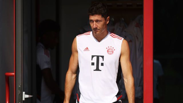 MUNICH, GERMANY - JULY 15: Robert Lewandowski of FC Bayern München walks onto the training pitch before a training session of FC Bayern München at Saebener Strasse training ground on July 15, 2022 in Munich, Germany.