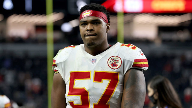 LAS VEGAS, NEVADA - NOVEMBER 14: Orlando Brown #57 of the Kansas City Chiefs walks off the field after a game against the Las Vegas Raiders at Allegiant Stadium on November 14, 2021 in Las Vegas, Nevada.