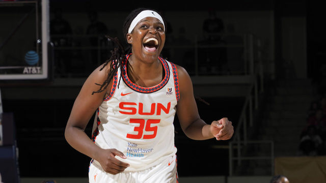 INDIANAPOLIS, IN - JULY 13: Jonquel Jones #35 of the Connecticut Sun smiles during the game against the Indiana Fever on July 13, 2022 at Gainbridge Fieldhouse in Indianapolis, Indiana. Mandatory Copyright Notice: Copyright 2022 NBAE