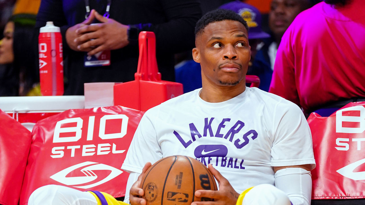 LOS ANGELES, CA - APRIL 1: Russell Westbrook #0 of the Los Angeles Lakers looks on before the game against the New Orleans Pelicans on April 1, 2022 at Crypto.Com Arena in Los Angeles, California. NOTE TO USER: User expressly acknowledges and agrees that, by downloading and/or using this Photograph, user is consenting to the terms and conditions of the Getty Images License Agreement. Mandatory Copyright Notice: Copyright 2022 NBAE