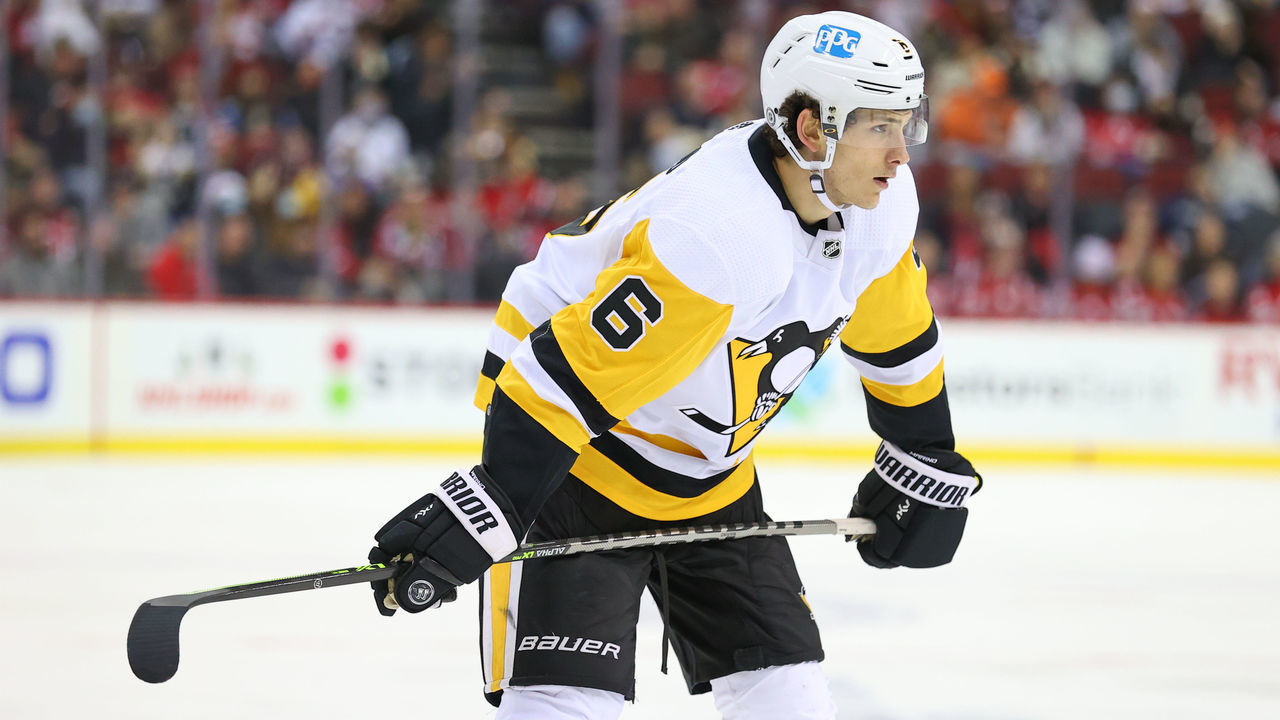 NEWARK, NJ - DECEMBER 19: Pittsburgh Penguins defenseman John Marino (6) during the third period of the National Hockey League game between the New Jersey Devils and the Pittsburgh Penguins on December 19, 2021 at the Prudential Center in Newark, NJ.