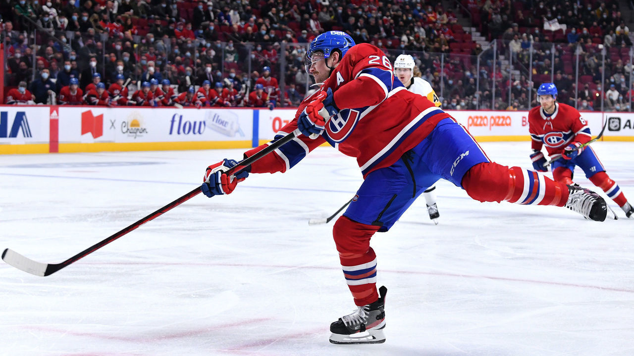 MONTREAL, QC - NOVEMBER 18: Jeff Petry #26 of the Montreal Canadiens fires a slap shot against the Pittsburgh Penguins in the NHL game at the Bell Centre on November 18, 2021 in Montreal, Quebec, Canada.