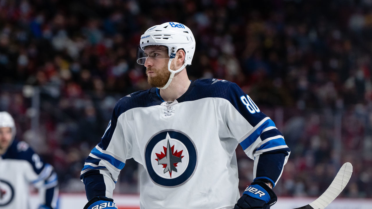 MONTREAL, QC - APRIL 11: Pierre-Luc Dubois (80) of the Winnipeg Jets waits for play to begin during the third period of the NHL game between the Winnipeg Jets and the Montreal Canadiens on April 11, 2022, at the Bell Centre in Montreal, QC