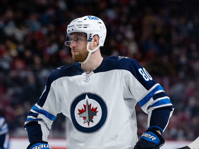 MONTREAL, QC - APRIL 11: Pierre-Luc Dubois (80) of the Winnipeg Jets waits for play to begin during the third period of the NHL game between the Winnipeg Jets and the Montreal Canadiens on April 11, 2022, at the Bell Centre in Montreal, QC