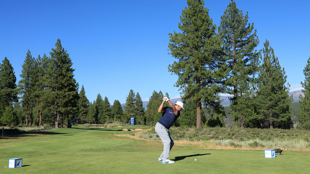 TRUCKEE, CALIFORNIA - JULY 16: Chez Reavie of the United States plays his shot from the 17th tee during the third round of the Barracuda Championship at Tahoe Mountain Club on July 16, 2022 in Truckee, California.