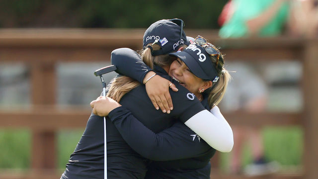 Lizette Salas (right) and Jennifer Kupcho (left), of Team Youth On Course, hug after winning the Dow Great Lakes Bay Invitational at Midland Country Club in Midland, Michigan, on Friday, July 15, 2022.