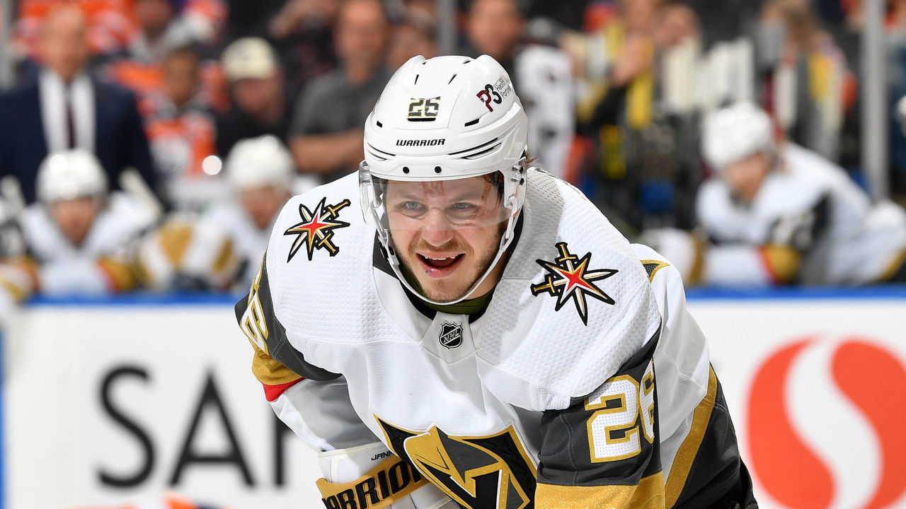 EDMONTON, AB - April 16: Mattias Janmark #26 of the Vegas Golden Knights awaits a face-off during the game against the Edmonton Oilers on April 16, 2022 at Rogers Place in Edmonton, Alberta, Canada.