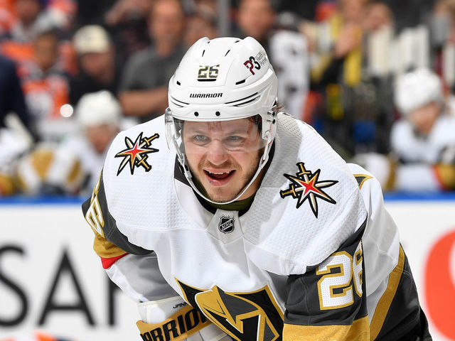 EDMONTON, AB - April 16: Mattias Janmark #26 of the Vegas Golden Knights awaits a face-off during the game against the Edmonton Oilers on April 16, 2022 at Rogers Place in Edmonton, Alberta, Canada.