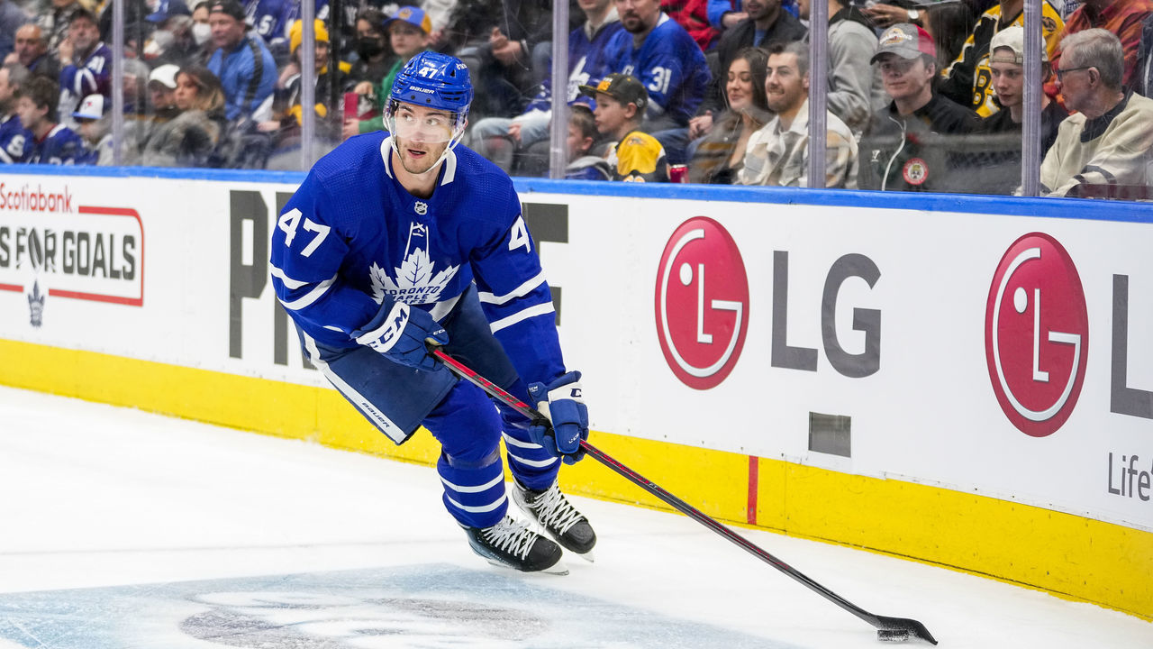 TORONTO, ON - APRIL 29: Pierre Engvall #47 of the Toronto Maple Leafs plays the puck against the Boston Bruins during the first period at the Scotiabank Arena on April 29, 2022 in Toronto, Ontario, Canada.