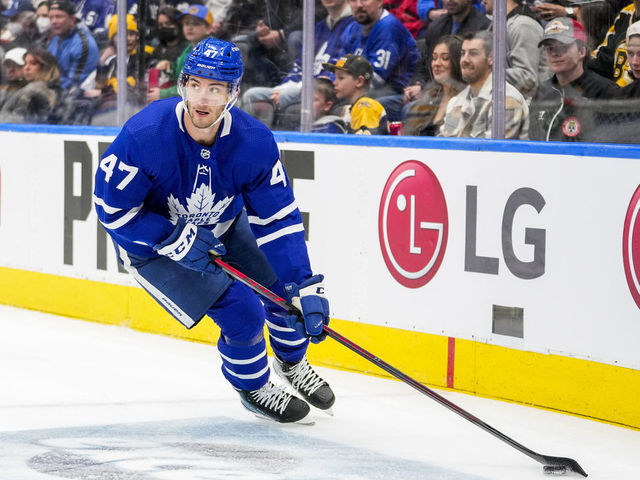 TORONTO, ON - APRIL 29: Pierre Engvall #47 of the Toronto Maple Leafs plays the puck against the Boston Bruins during the first period at the Scotiabank Arena on April 29, 2022 in Toronto, Ontario, Canada.