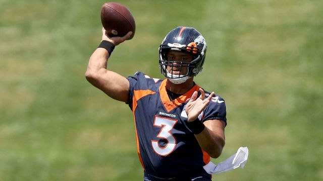 ENGLEWOOD, COLORADO - JUNE 14: Quarterback Russell Wilson #3 of the Denver Broncos throws during a mandatory mini-camp at UCHealth Training Center on June 14, 2022 in Englewood, Colorado.