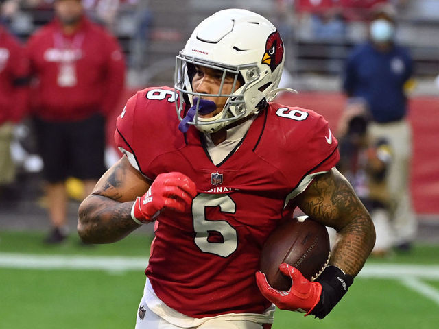 GLENDALE, ARIZONA - JANUARY 09: James Connor #6 of the Arizona Cardinals runs with the ball against the Seattle Seahawks at State Farm Stadium on January 09, 2022 in Glendale, Arizona.