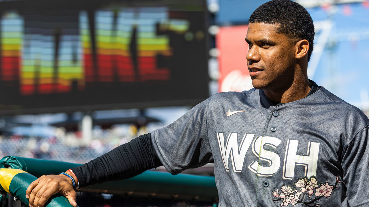 WASHINGTON, DC - APRIL 10: Juan Soto #22 of the Washington Nationals looks on from the dugout during the game between the New York Mets and the Washington Nationals at Nationals Park on Sunday, April 10, 2022 in Washington, District of Columbia.