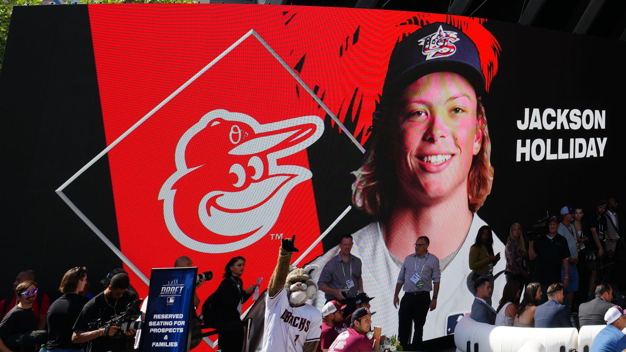LOS ANGELES, CA - JULY 17: A view of the draft board and stage after the selection of Jackson Holliday as the first pick overall during the 2022 Major League Baseball Draft at L.A. Live on Sunday, July 17, 2022 in Los Angeles, California.