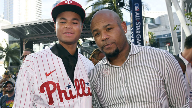 LOS ANGELES, CA - JULY 17: Justin Crawford poses with his Carl Crawford after he was picked 17th by the Philadelphia Phillies during the 2022 MLB Draft at XBOX Plaza on July 17, 2022 in Los Angeles, California.