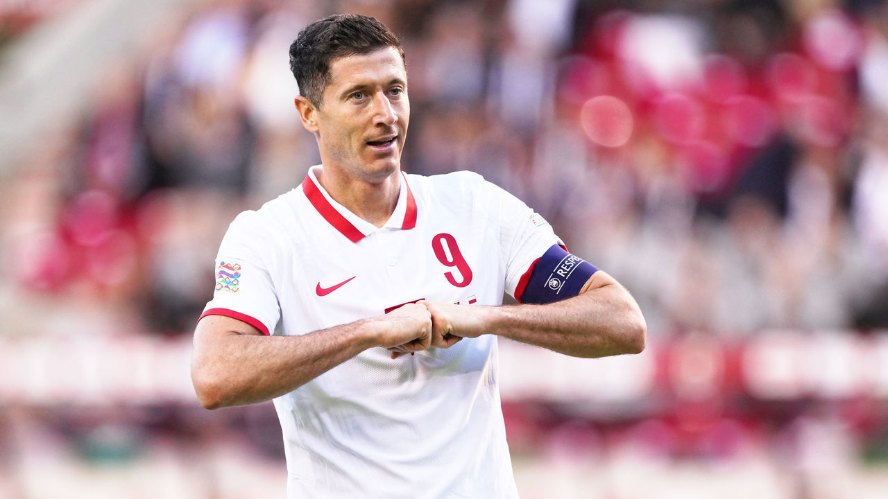 BRUSSELS, BELGIUM - JUNE 08: Robert Lewandowski of Poland celebrates after scoring his team's 1st goal during the UEFA Nations League League A Group 4 match between Belgium and Poland on June 8, 2022 in Brussels, Belgium.