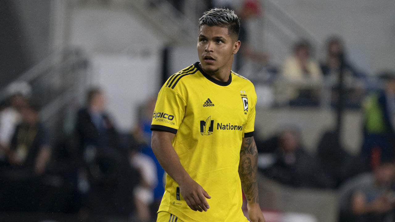 COLUMBUS, OH - JULY 17: Columbus Crew forward Cucho #9 during the game during the game between the Columbus Crew and the FC Cincinnati at Lower.com Field in Columbus, Ohio On July 17th, 2022.