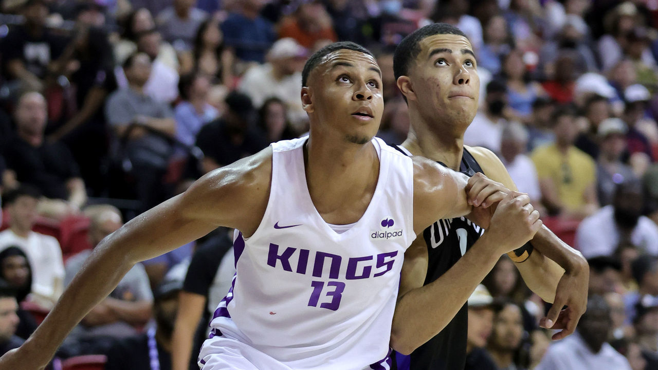 LAS VEGAS, NEVADA - JULY 09: Keegan Murray #13 of the Sacramento Kings and Paolo Banchero #5 of the Orlando Magic look to rebound a free throw during the 2022 NBA Summer League at the Thomas & Mack Center on July 09, 2022 in Las Vegas, Nevada.