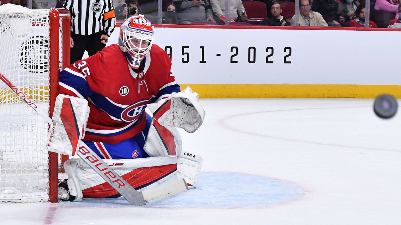 MONTREAL, QC - APRIL 24: Sam Montembeault #35 of the Montreal Canadiens defends the goal against the Boston Bruins in the NHL game at the Bell Centre on April 24, 2022 in Montreal, Quebec, Canada. *** Local Caption ***