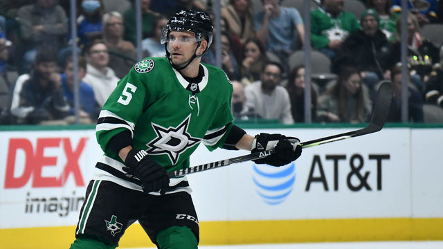 DALLAS, TX - DECEMBER 14: Andrej Sekera #5 of the Dallas Stars skates against the St. Louis Blues at the American Airlines Center on December 14, 2021 in Dallas, Texas.