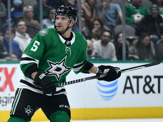 DALLAS, TX - DECEMBER 14: Andrej Sekera #5 of the Dallas Stars skates against the St. Louis Blues at the American Airlines Center on December 14, 2021 in Dallas, Texas.