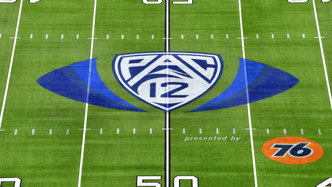 LAS VEGAS, NEVADA - DECEMBER 03: A general view of the PAC-12 logo at midfield before the PAC-12 Football Championship football game between the Oregon Ducks and the Utah Utes at Allegiant Stadium on December 03, 2021 in Las Vegas, Nevada.