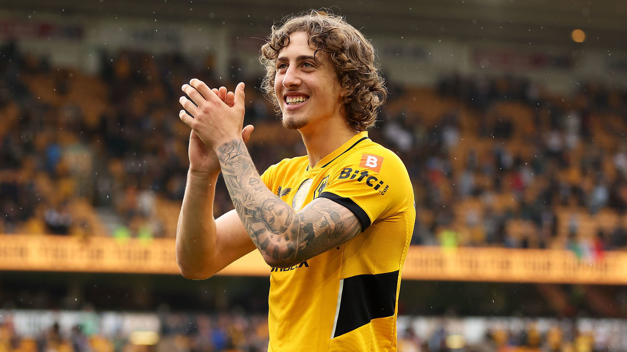 WOLVERHAMPTON, ENGLAND - MAY 15: Fabio Silva of Wolverhampton Wanderers walks around the pitch for a lap of honour following the Premier League match between Wolverhampton Wanderers and Norwich City at Molineux on May 15, 2022 in Wolverhampton, England.