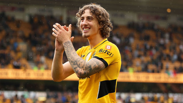 WOLVERHAMPTON, ENGLAND - MAY 15: Fabio Silva of Wolverhampton Wanderers walks around the pitch for a lap of honour following the Premier League match between Wolverhampton Wanderers and Norwich City at Molineux on May 15, 2022 in Wolverhampton, England.