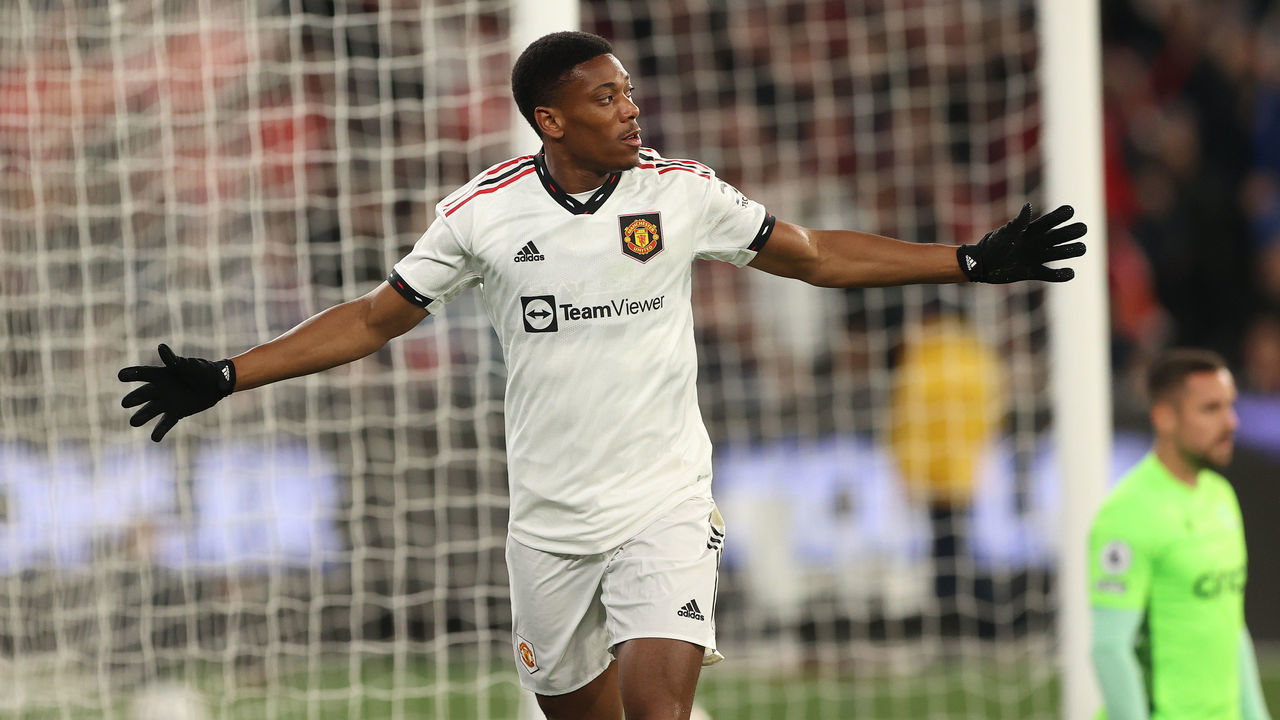 MELBOURNE, AUSTRALIA - JULY 19: Anthony Martial of Manchester United celebrates after scoring a goal during the Pre-Season Friendly match between Manchester United and Crystal Palace at Melbourne Cricket Ground on July 19, 2022 in Melbourne, Australia.