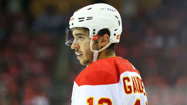 NEWARK, NJ - OCTOBER 26: Calgary Flames left wing Johnny Gaudreau (13) during the National Hockey league game between the New Jersey Devils and the Calgary Flames on October 26, 2021 at the Prudential Center in Newark, NJ.