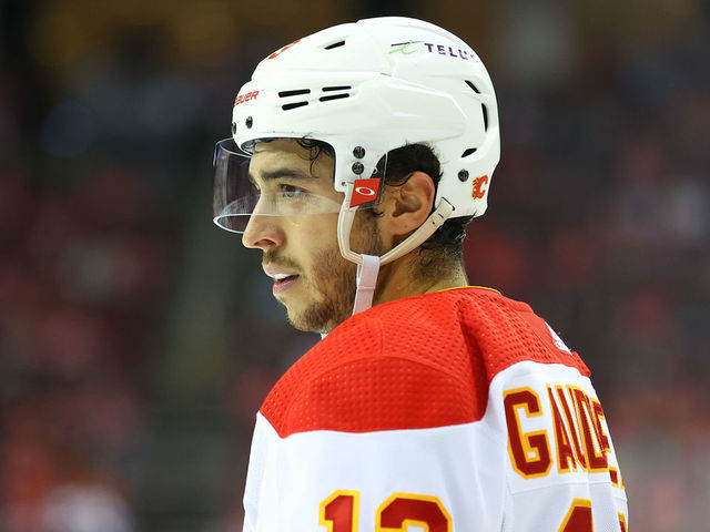 NEWARK, NJ - OCTOBER 26: Calgary Flames left wing Johnny Gaudreau (13) during the National Hockey league game between the New Jersey Devils and the Calgary Flames on October 26, 2021 at the Prudential Center in Newark, NJ.