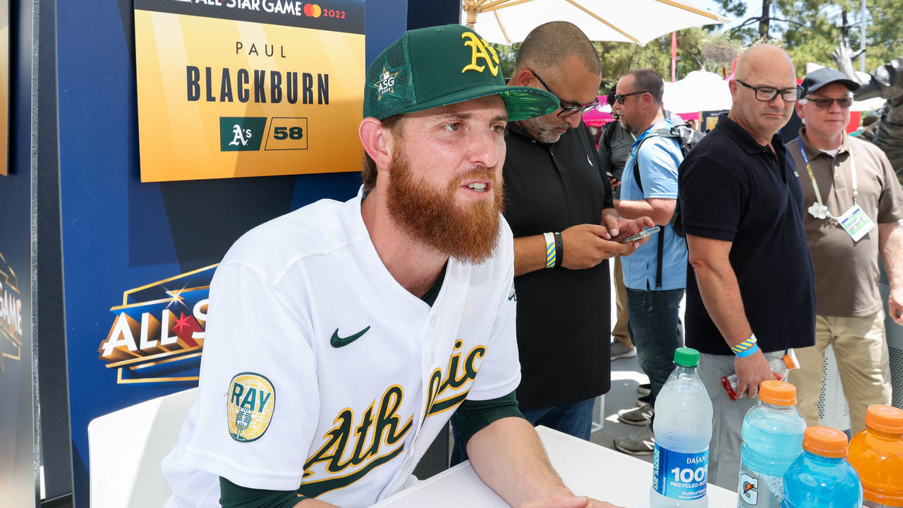 LOS ANGELES, CA - JULY 18: Paul Blackburn #58 of the Oakland Athletics speaks with the media during the American League Media Availability at Dodger Stadium on Monday, July 18, 2022 in Los Angeles, California.