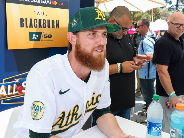 LOS ANGELES, CA - JULY 18: Paul Blackburn #58 of the Oakland Athletics speaks with the media during the American League Media Availability at Dodger Stadium on Monday, July 18, 2022 in Los Angeles, California.