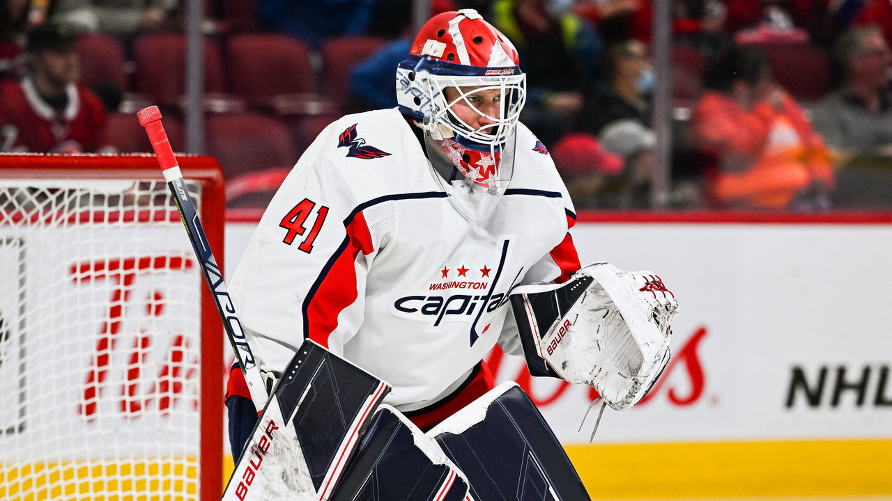 MONTREAL, QC - APRIL 16: Washington Capitals goalie Vitek Vanecek (41) tracks the play during the Washington Capitals versus the Montreal Canadiens game on April 16, 2022 at Bell Centre in Montreal, QC