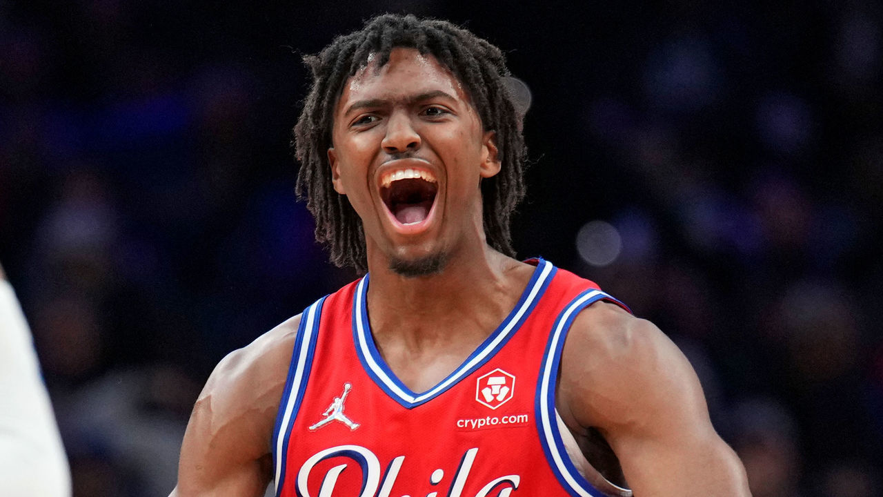PHILADELPHIA, PA - APRIL 18: Tyrese Maxey #0 of the Philadelphia 76ers reacts during Round 1 Game 2 of the 2022 NBA Playoffs on April 18, 2022 at Wells Fargo Center in Philadelphia, Pennsylvania. NOTE TO USER: User expressly acknowledges and agrees that, by downloading and/or using this Photograph, user is consenting to the terms and conditions of the Getty Images License Agreement. Mandatory Copyright Notice: Copyright 2022 NBAE