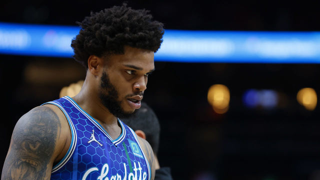 ATLANTA, GA - APRIL 13: Miles Bridges #0 of the Charlotte Hornets reacts during the second half against the Atlanta Hawks at State Farm Arena on April 13, 2022 in Atlanta, Georgia.
