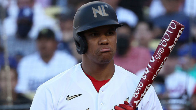 LOS ANGELES, CA - JULY 19: Juan Soto #22 of the Washington Nationals reacts in the third inning during the 92nd MLB All-Star Game presented by Mastercard at Dodger Stadium on Tuesday, July 19, 2022 in Los Angeles, California.