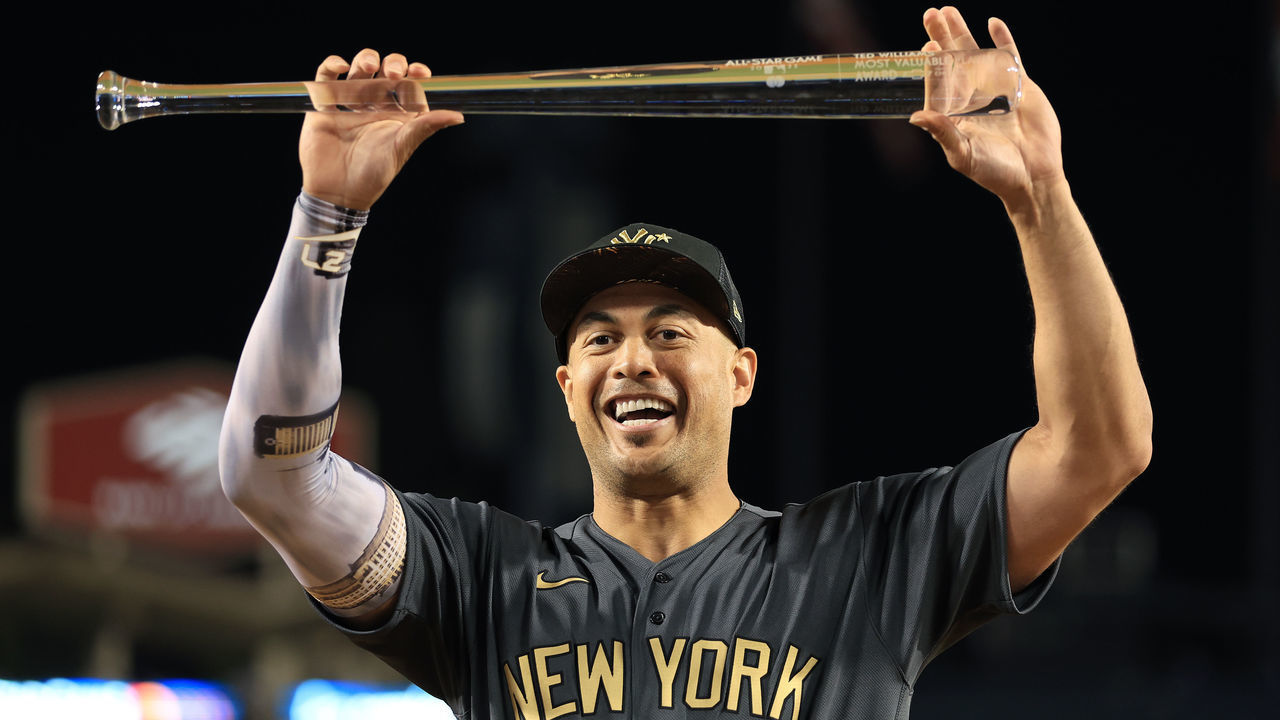 LOS ANGELES, CALIFORNIA - JULY 19: Giancarlo Stanton #27 of the New York Yankees poses with the Ted Williams MVP Award after the American League defeated the National League 3-2 during the 92nd MLB All-Star Game presented by Mastercard at Dodger Stadium on July 19, 2022 in Los Angeles, California.