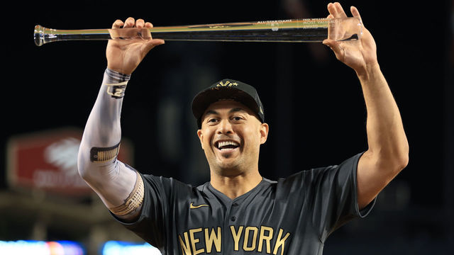 LOS ANGELES, CALIFORNIA - JULY 19: Giancarlo Stanton #27 of the New York Yankees poses with the Ted Williams MVP Award after the American League defeated the National League 3-2 during the 92nd MLB All-Star Game presented by Mastercard at Dodger Stadium on July 19, 2022 in Los Angeles, California.
