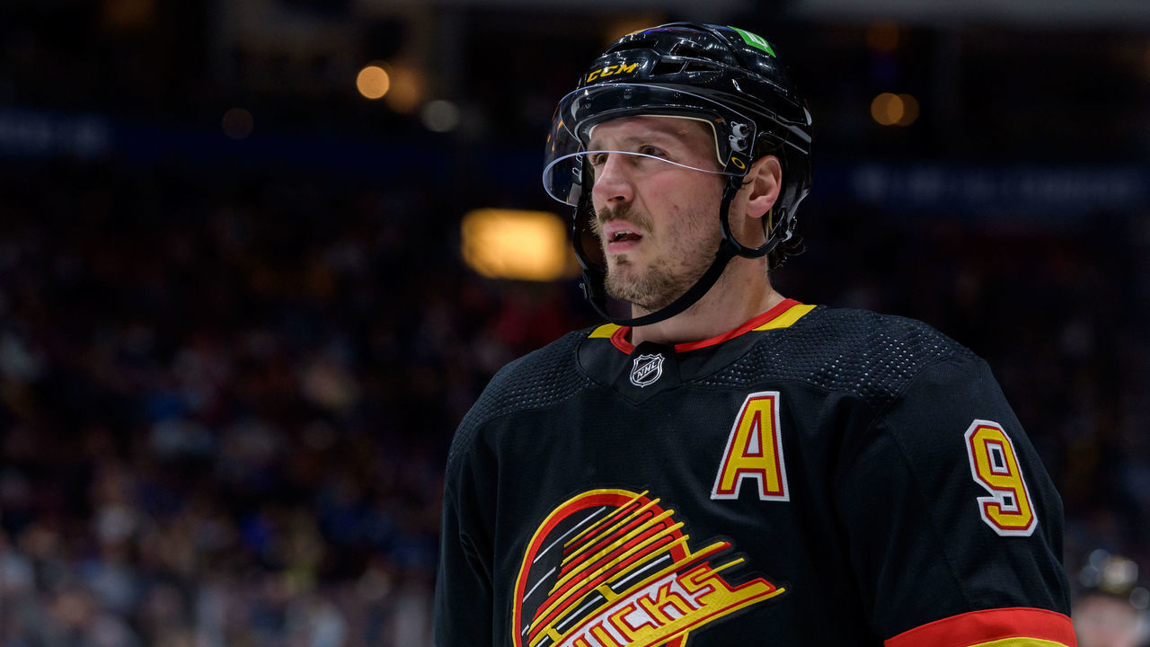 VANCOUVER, BC - APRIL 26: Vancouver Canucks center J.T. Miller (9) waits for a face-off during their NHL game against the Seattle Kraken at Rogers Arena on April 26, 2022 in Vancouver, British Columbia, Canada.